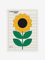 Flower Market Lisbon poster featuring a minimalist retro yellow sunflower illustration with green leaves and a black center on an off-white background.