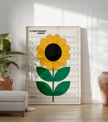 Flower Market Lisbon poster featuring a minimalist retro yellow sunflower illustration with green leaves and a black center on an off-white background. - Image 3