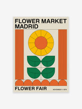Flower Market Madrid poster with a retro geometric sunflower design in orange, yellow, and green on a beige background.