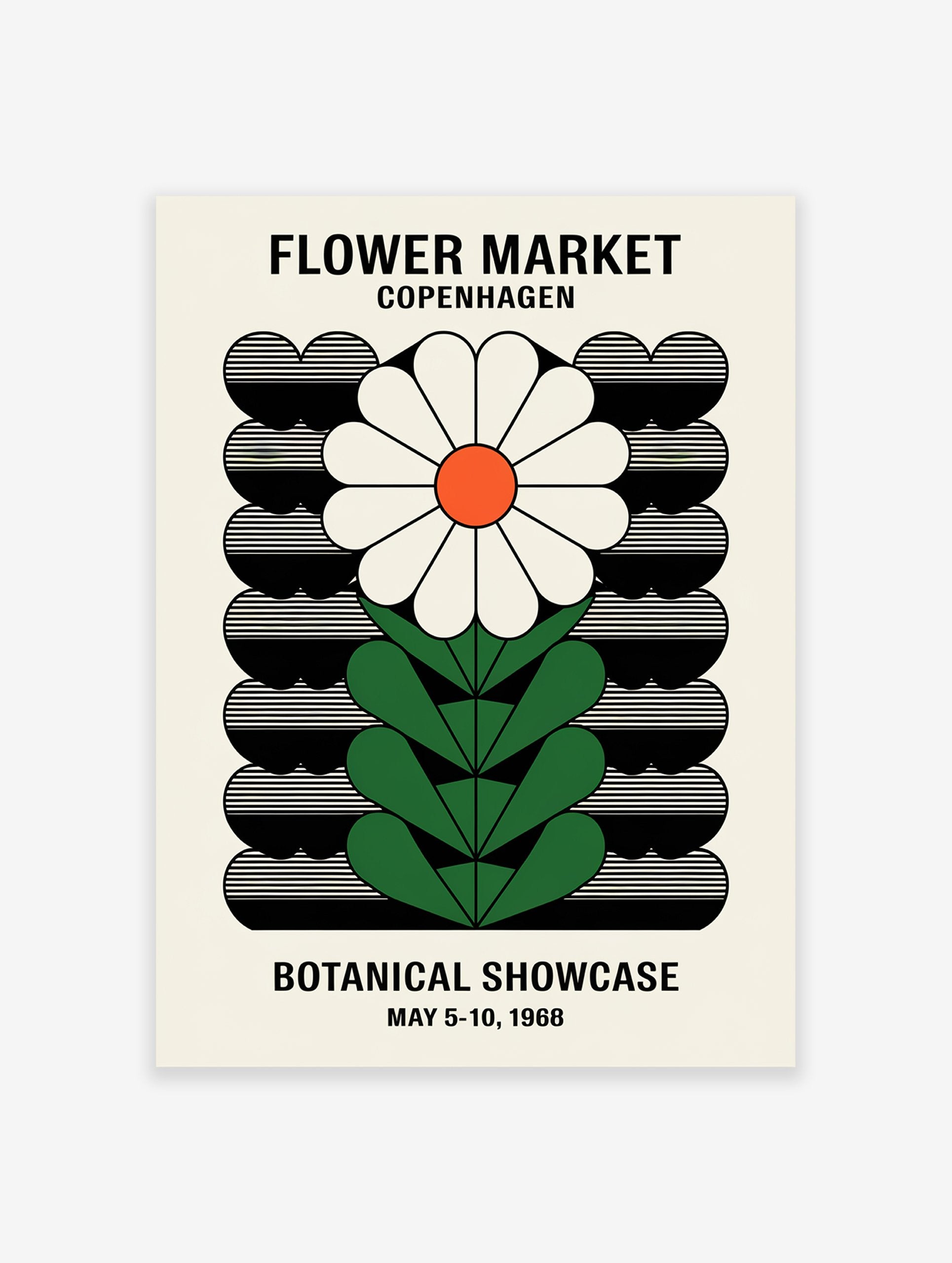 Vintage Flower Market Copenhagen poster featuring a stylized white daisy with an orange center and green leaves on a black and cream background.