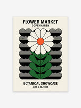 Vintage Flower Market Copenhagen poster featuring a stylized white daisy with an orange center and green leaves on a black and cream background.