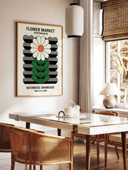 Vintage Flower Market Copenhagen poster featuring a stylized white daisy with an orange center and green leaves on a black and cream background. - Image 2