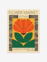 Vintage Flower Market poster for a Vietnam Garden Exhibition, featuring a stylized orange flower on a yellow background with green leaves and geometric patterns.
