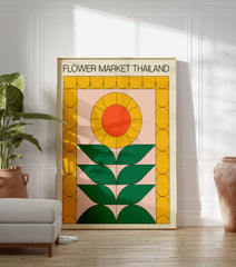Flower Market Thailand poster with a retro geometric design featuring a yellow and orange sunflower and green leaves on a pink background. - Image 3