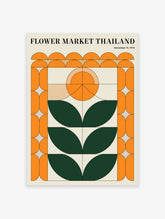 Flower Market Thailand poster featuring a retro geometric botanical design in orange, green, and beige, with date November 15, 1974.