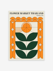 Flower Market Thailand poster featuring a retro geometric botanical design in orange, green, and beige, with date November 15, 1974.