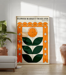 Flower Market Thailand poster featuring a retro geometric botanical design in orange, green, and beige, with date November 15, 1974. - Image 3