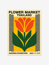 Flower Market Thailand poster with a vintage illustration of an orange flower and green leaves on a yellow background with zig-zag borders.