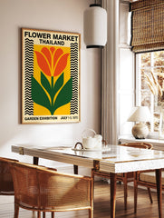 Flower Market Thailand poster with a vintage illustration of an orange flower and green leaves on a yellow background with zig-zag borders. - Image 2