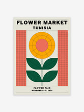 Flower Market Tunisia poster with a stylized yellow sunflower, green leaves, and coral accents, announcing a 1974 flower fair.