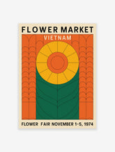 Flower Market Vietnam poster featuring a geometric yellow and orange flower design with green leaves on a beige background.