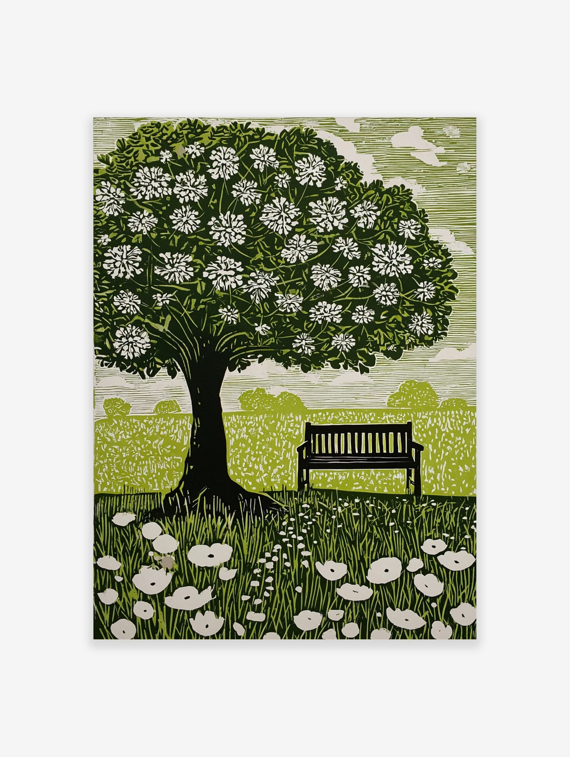 Linocut style print of a flowering tree, park bench, and wildflowers in a green field with white sky