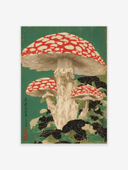 Japanese woodblock print of three red and white spotted fly agaric mushrooms with dark green leaves on a green background