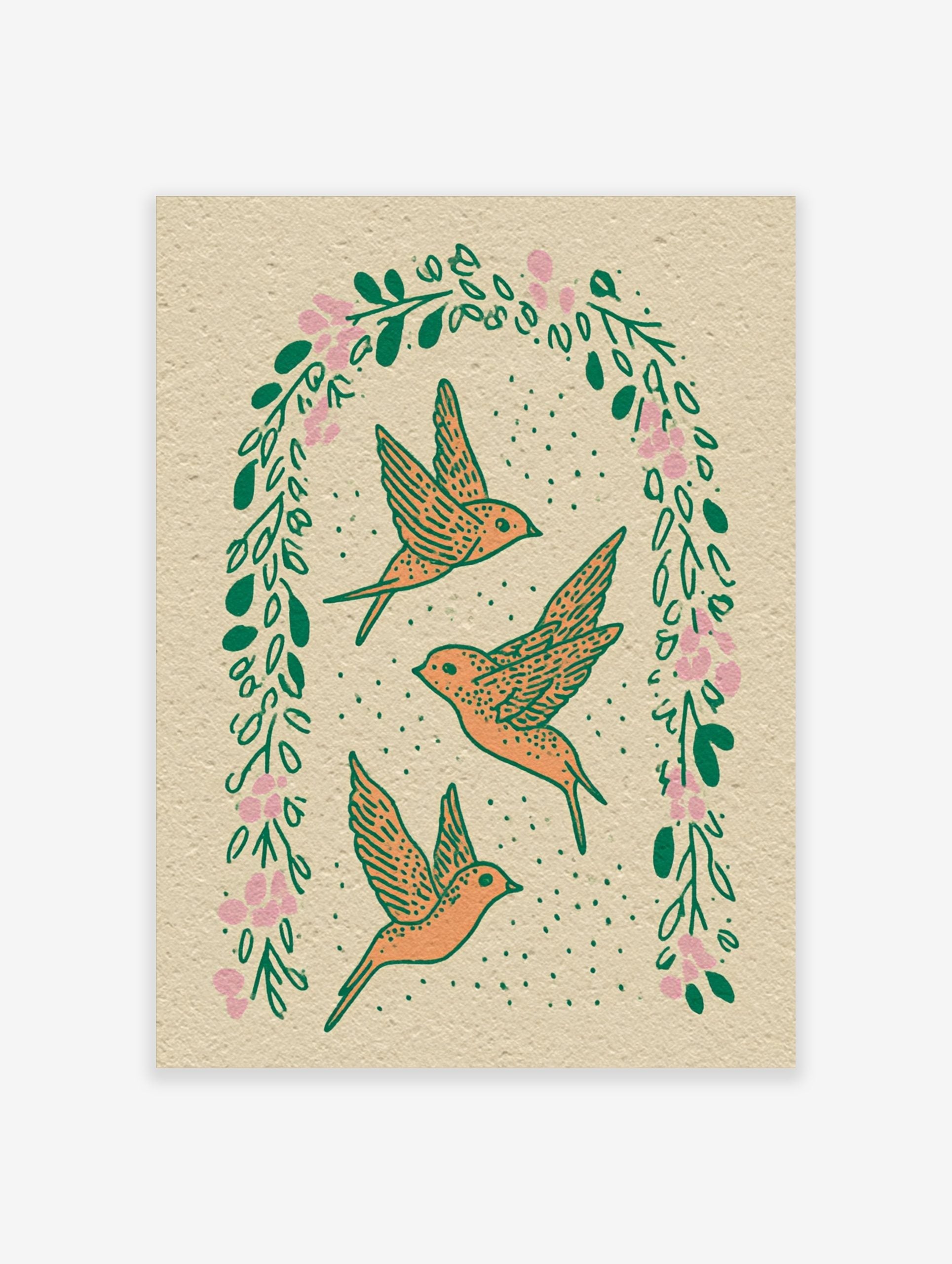 Three orange flying birds within an arched wreath of green leaves and pink flowers on a beige background