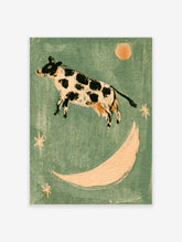 Flying cow with black spots leaping over a crescent moon and stars on a green background, whimsical poster