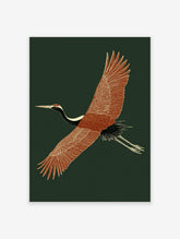 Flying crane art print with terracotta wings and black neck on dark green background
