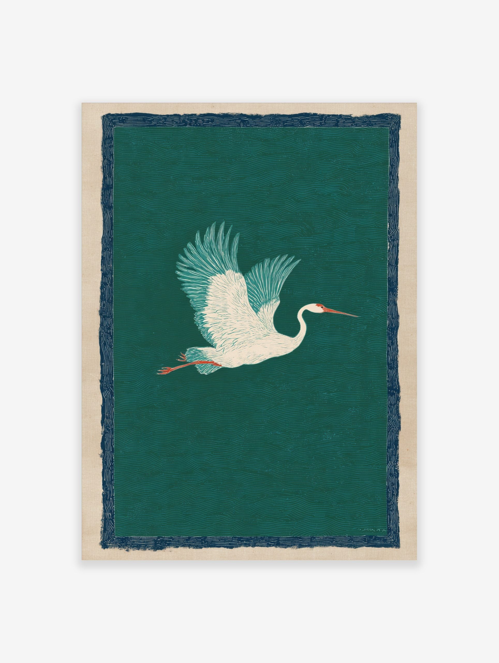 Illustrative white crane flying with spread wings against a teal wavy background and navy border