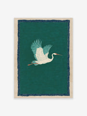 Illustrative white crane flying with spread wings against a teal wavy background and navy border