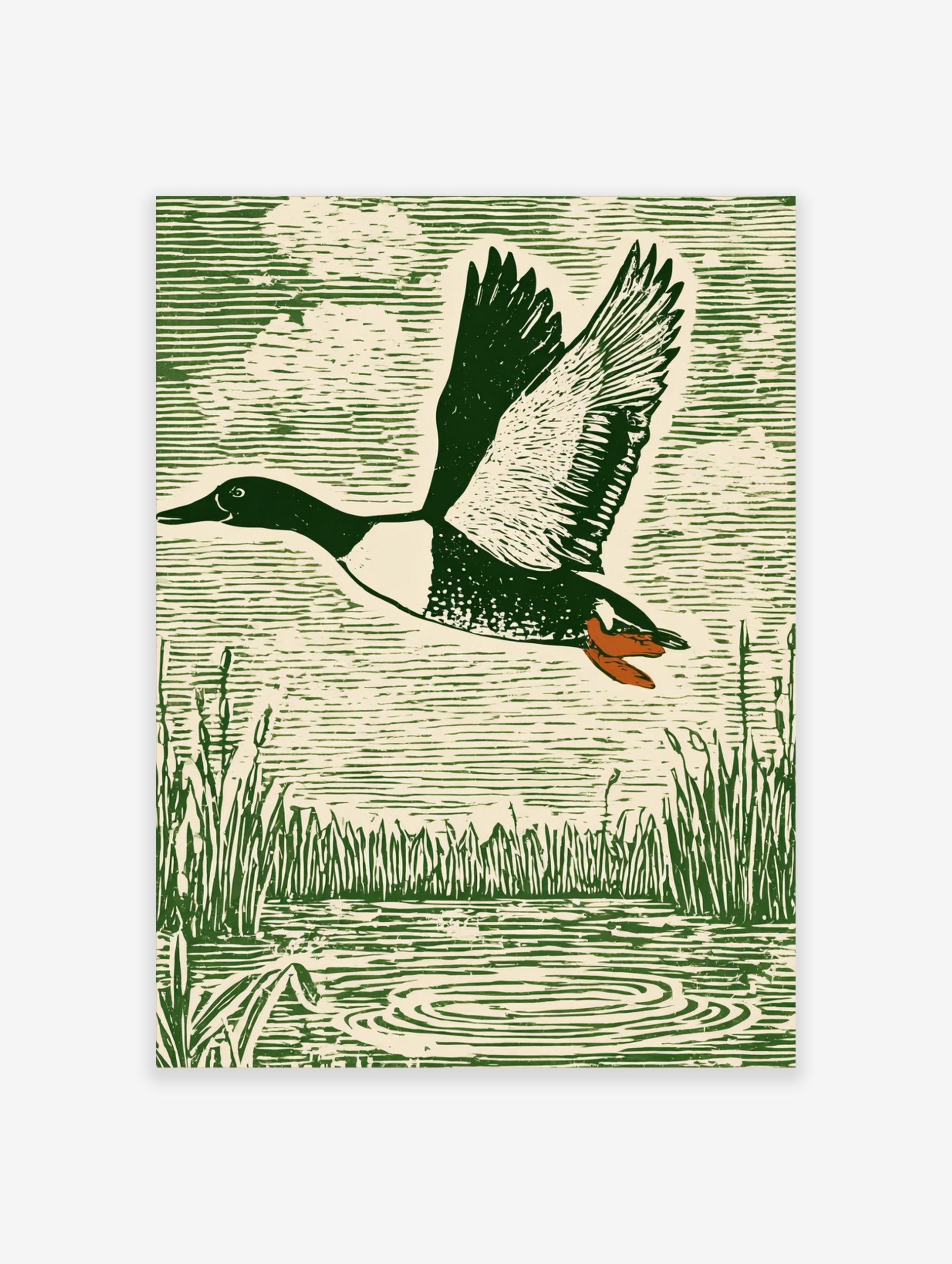 Green woodcut-style print of a flying duck with spread wings over water and reeds