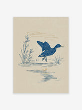 Blue line art mallard duck flying over water with reeds and clouds on beige background