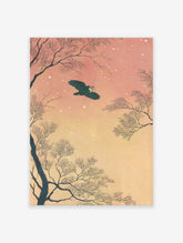 Illustrative flying owl wall art against a pink and orange starry night sky with dark, bare tree branches.