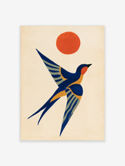 Stylised swallow bird in flight with an orange sun in a graphic, illustrative art style on a cream background