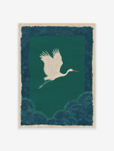 White crane flying over dark teal-green background with patterned blue-teal border and lower section