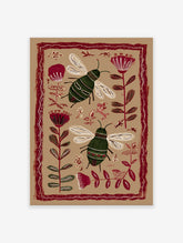 Folk art bee and botanical illustration wall art print with red flowers, green leaves, and two bees on a tan background.