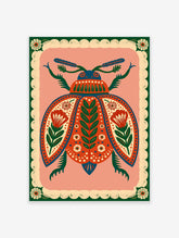 Colourful folk art beetle poster with red wings, green leaf patterns, and floral motifs on a pink background