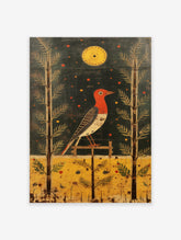Folk art bird poster featuring a red-headed bird on a perch, flanked by trees under a yellow sun and starry sky.
