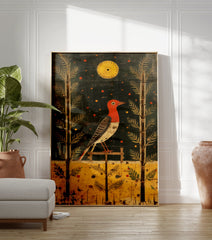 Folk art bird poster featuring a red-headed bird on a perch, flanked by trees under a yellow sun and starry sky. - Image 3