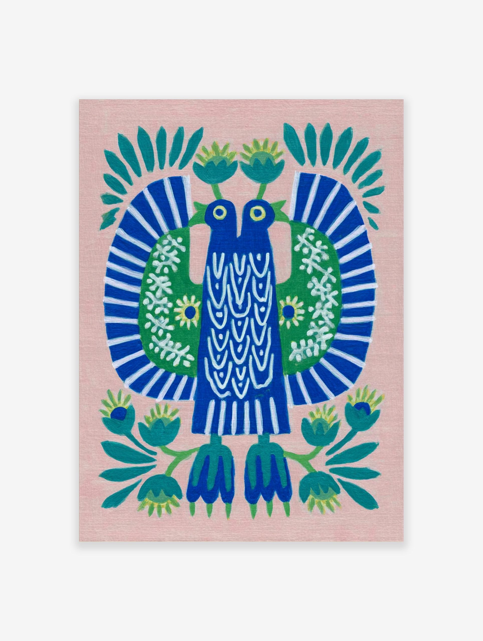 Stylised folk art print of two blue birds with green wings and white patterns, on a pink background