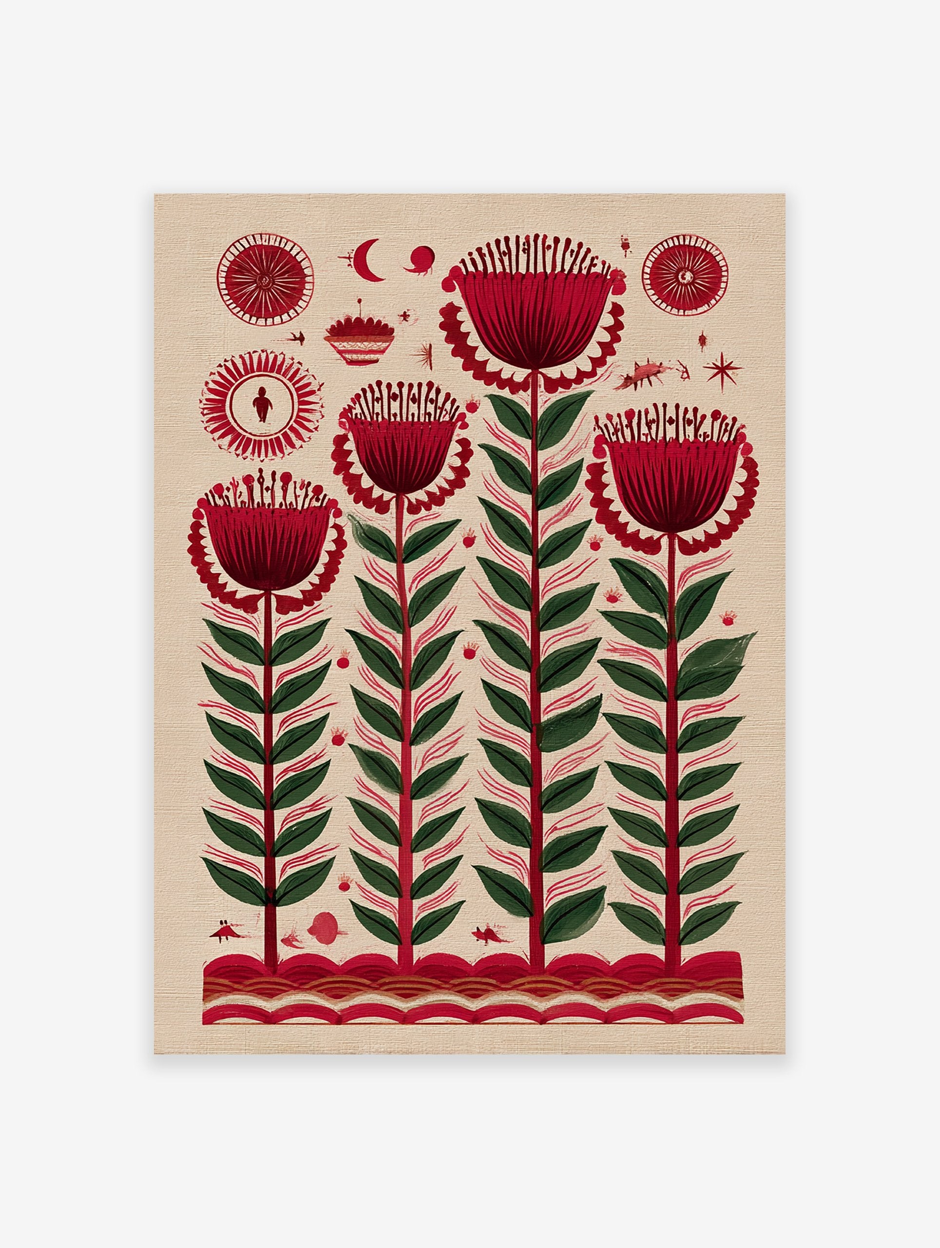 Folk art botanical print featuring stylized red flowers with green leaves and small symbolic motifs on a light beige background.