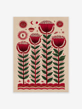 Folk art botanical print featuring stylized red flowers with green leaves and small symbolic motifs on a light beige background.