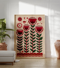 Folk art botanical print featuring stylized red flowers with green leaves and small symbolic motifs on a light beige background. - Image 3