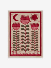 Red folk art botanical print featuring stylized flowers, a crescent moon, and a sun on a light background.