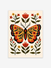 Folk art butterfly poster with red and yellow flowers on a cream background