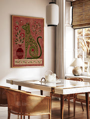 Folk art cat wall art with Indian-inspired floral patterns in green and red against a textured background. - Image 2