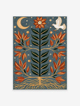Folk art flower poster with orange bloom, crescent moon, white dove, and stars on blue background