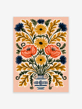 Folk art flower poster with orange poppies, yellow daisies, and blue cornflowers in a striped vase on peach background
