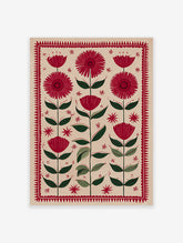 Red folk art flower and leaf botanical illustration print with a jagged red border on a light beige background.