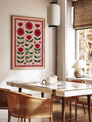Red folk art flower and leaf botanical illustration print with a jagged red border on a light beige background. - Image 2
