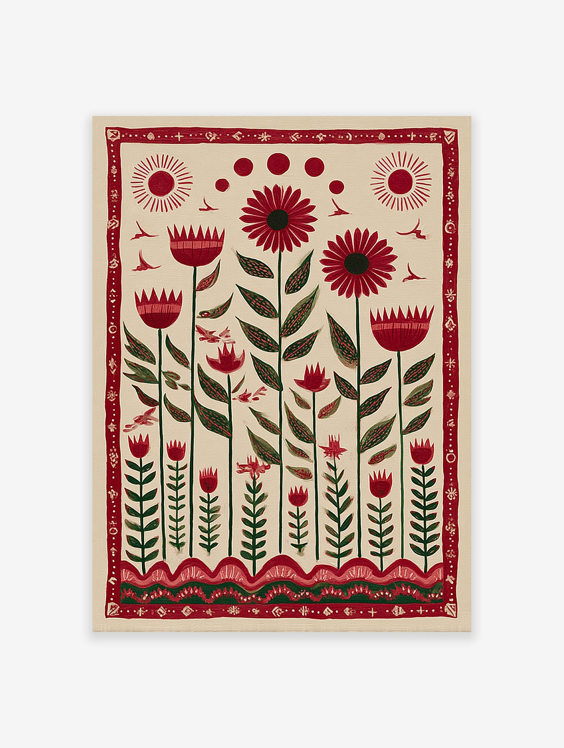 Red folk art floral botanical wall art print with stylized flowers, green leaves, birds, and sun motifs on a cream background.