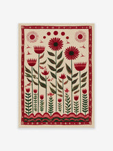 Red folk art floral botanical wall art print with stylized flowers, green leaves, birds, and sun motifs on a cream background.