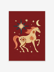 Folk art illustration of a cream horse with coral mane and tail, surrounded by stars and a crescent moon on a red background