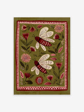 Folk art print with two red insects and stylized flowers on an olive green background with decorative border.