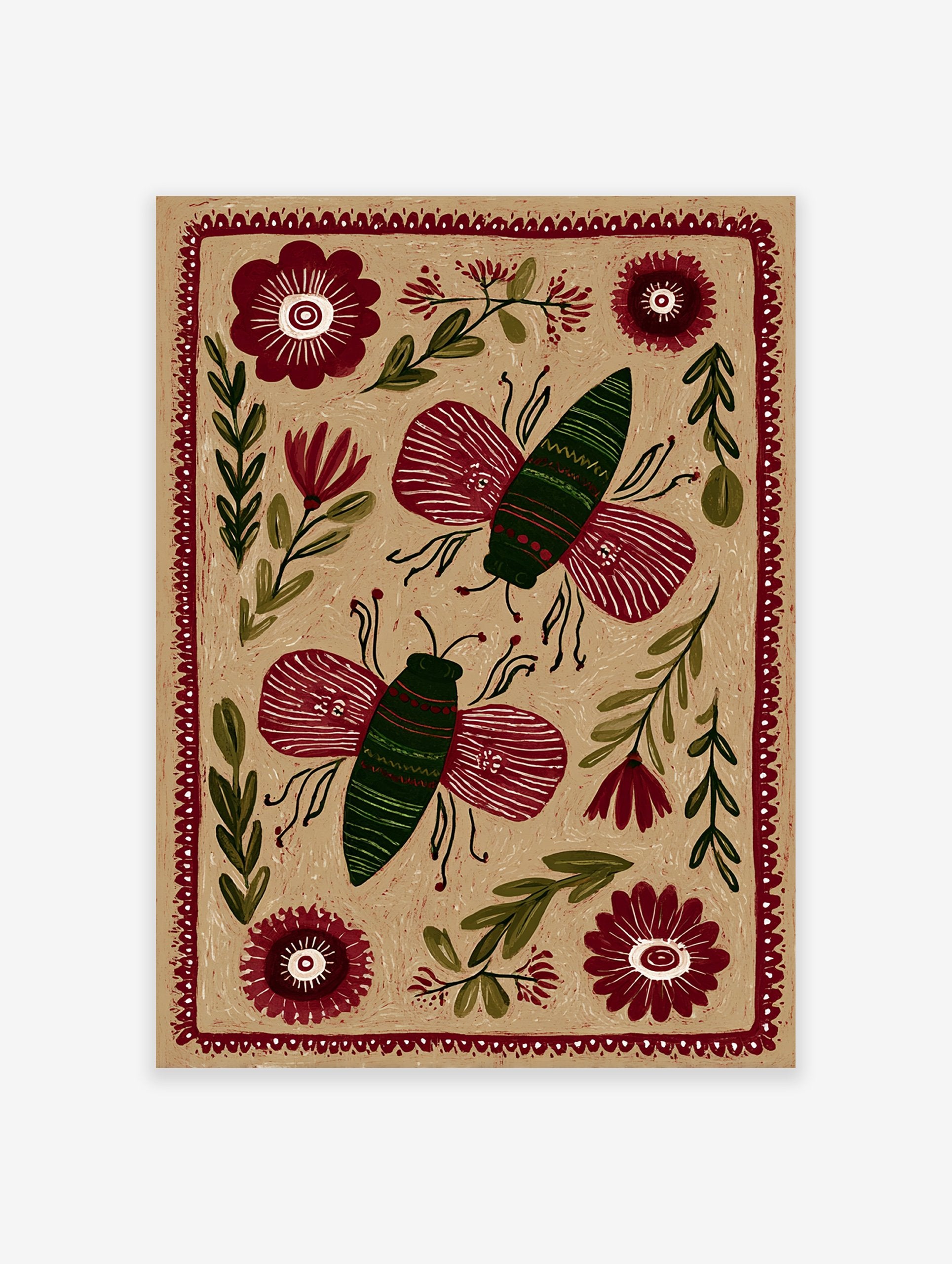 Folk art insect print featuring two stylized red and green butterflies among botanical elements on a light brown background.