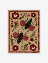 Folk art insect print featuring two stylized red and green butterflies among botanical elements on a light brown background.