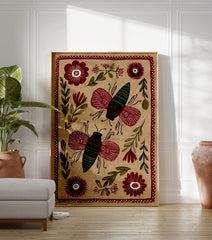 Folk art insect print featuring two stylized red and green butterflies among botanical elements on a light brown background. - Image 3