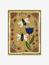 Folk art illustration of two striped bees and a blue flower on an olive green background with a rustic border